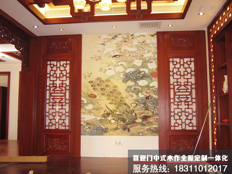 中式别墅花格背景墙效果图